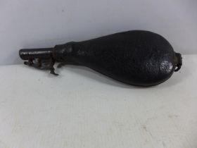 A 19TH CENTURY LEATHER SHOT FLASK, LENGTH 23CM