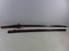 A 19TH CENTURY JAPANESE SHINTO INTO MEIJ PERIOD KATANA AND SCABBARD, 69.5CM BLADE, PIERCED IRON