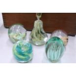 FIVE PAPERWEIGHTS TO INCLUDE AN APPLE AND A PEAR AND A BOHEMIA GLASS, ETC/.