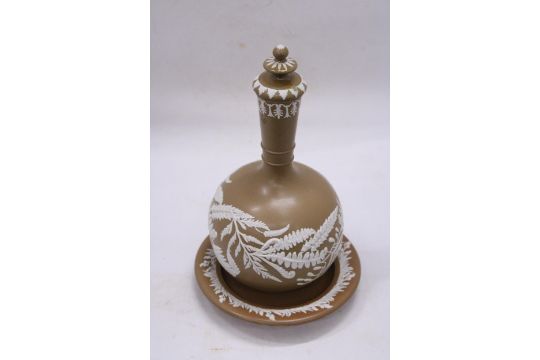 AN ANTIQUE DUDSON JASPERWARE DECANTER AND UNDERPLATE, HEIGHT APPROX 29CM, RIM A/F - Image 2 of 4