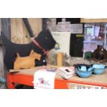 A PAIR OF SCOTTISH TERRIER DOG BOOKENDS PLUS CHALK BOARD AND CHOPPING BOARD TOGETHER WITH TWO