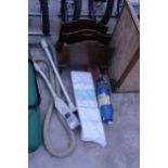 AN ASSORTMENT OF ITEMS TO INCLUDE AN OAK MAGAZINE RACK, DORCAS AND A HOOVER ATTATCHMENT ETC