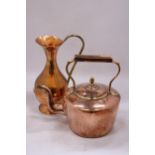 A VINTAGE STOVE TOP COPPER KETTLE TOGETHER WITH A LOMBARD COPPER JUG