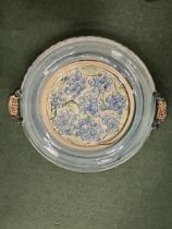 A LARGE STUDIO POTTERY TWIN HANDLED GLAZED SERVING PLATE 57.5CM X 50CM