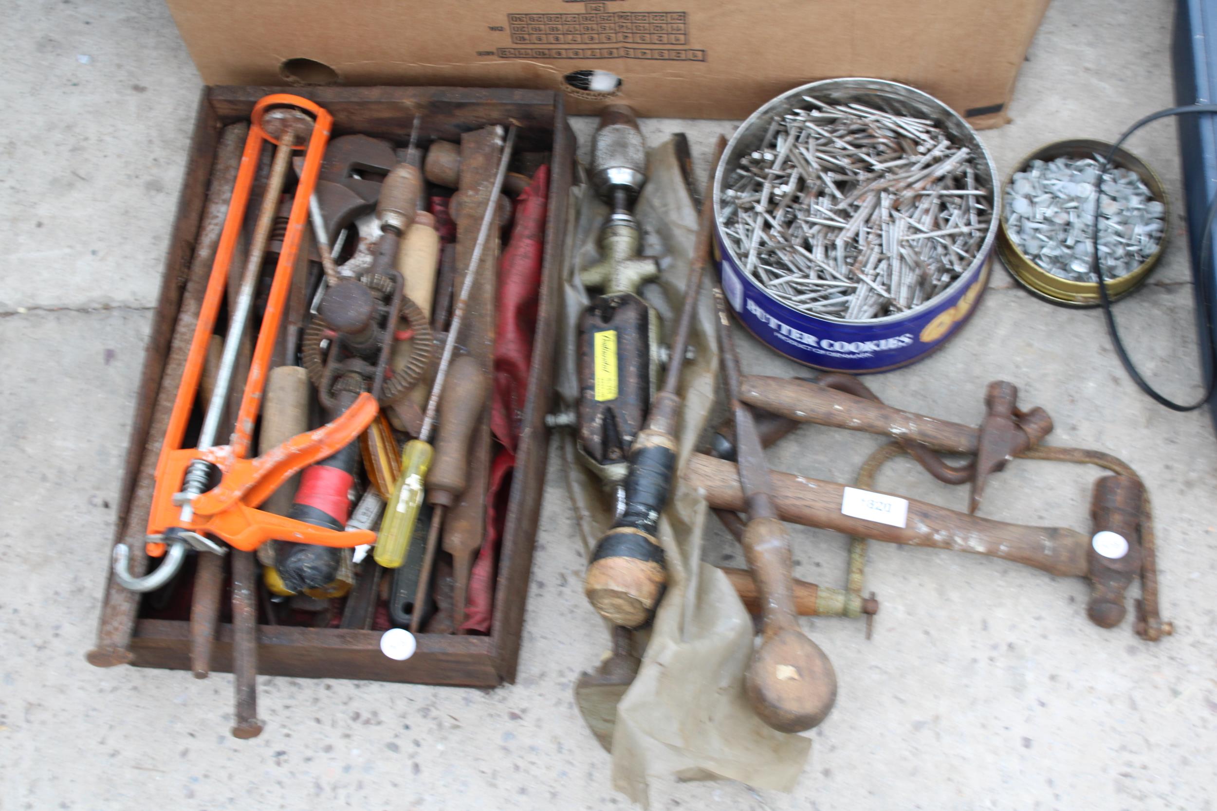 AN ASSORTMENT OF TOOLS TO INCLUDE HAMMERS, BRACE DRILLS AND SPANNERS ETC - Image 2 of 3