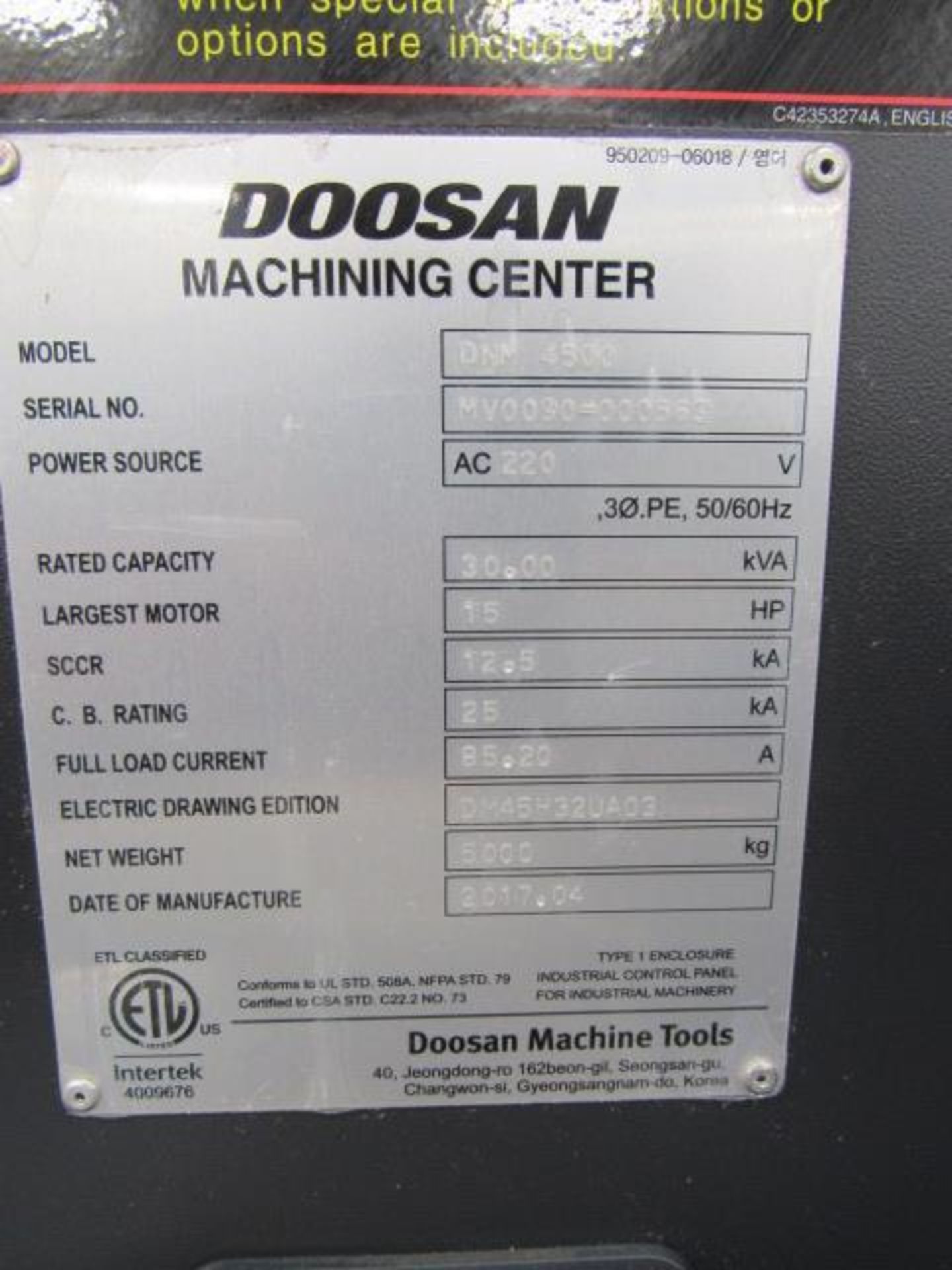 Doosan DNM 4500 CNC Vertical Machining Center with 39.4'' x 17.7'' Tables, Big Plus #40, Spindle - Image 7 of 8