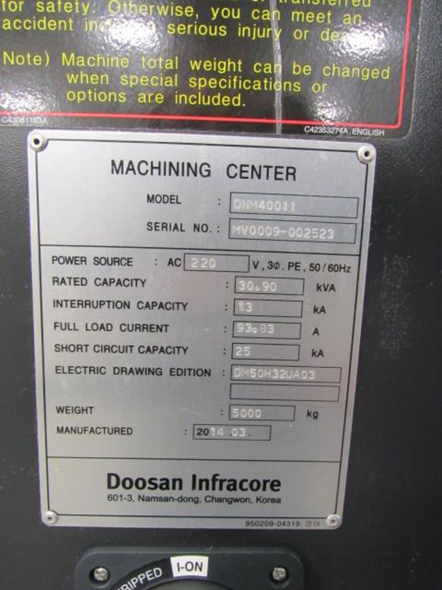 Doosan DNM400II CNC Vertical Machining Center with 36.2'' x 17.1'' Table, Big Plus #40, Spindle - Image 8 of 9