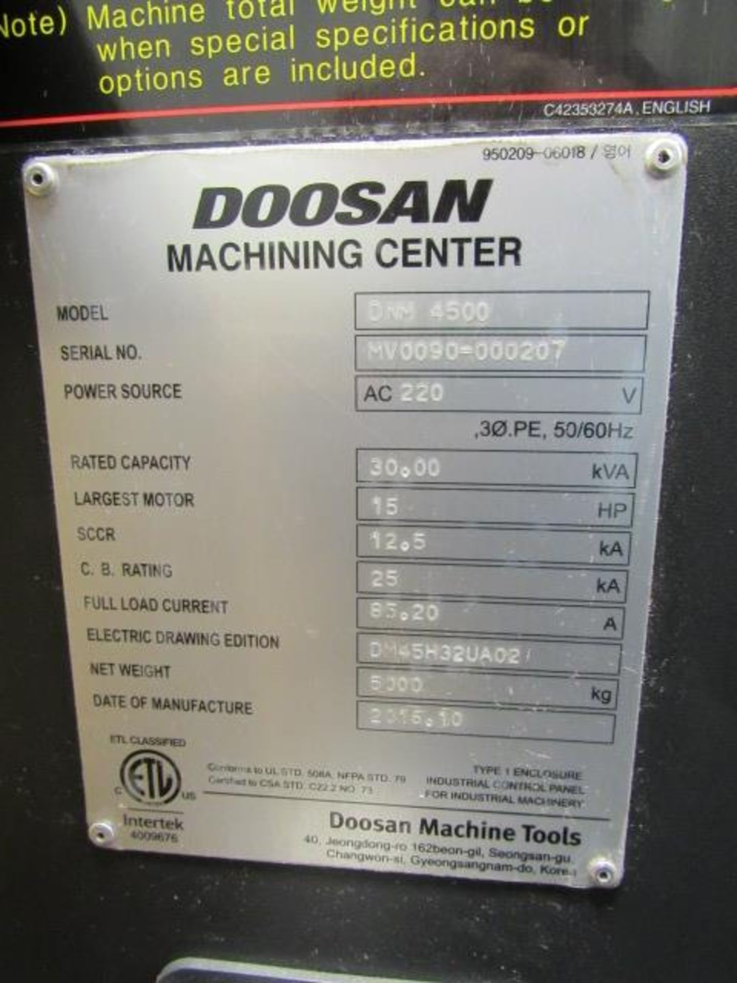 Doosan DNM 4500 CNC Vertical Machining Center with 39.4'' x 17.7'' Tables, Big Plus #40, Spindle - Image 8 of 9