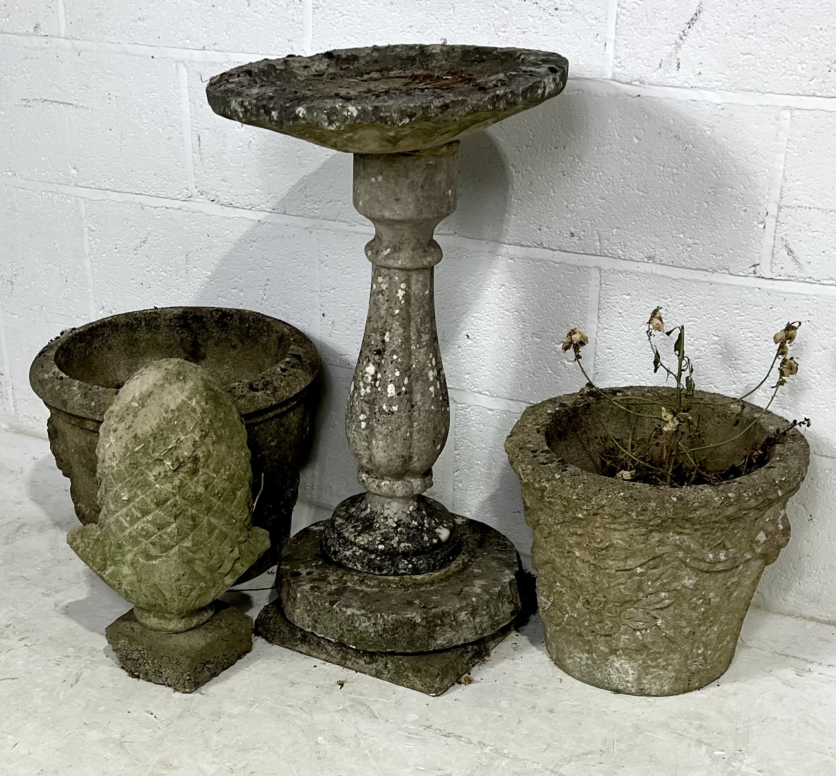A reconstituted stone birdbath in three parts, a pine cone finial (a/f) along with two reconstituted - Image 6 of 6