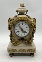 A French alabaster and ormolu mantle clock on bun feet (one part loose but present)