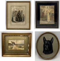 A collection of framed pictures and etchings including a small watercolour by Wilfred Ball, portrait