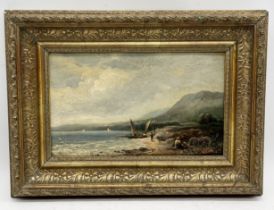 An unsigned oil on board showing a coastal fishing scene with inscription attributing it to David