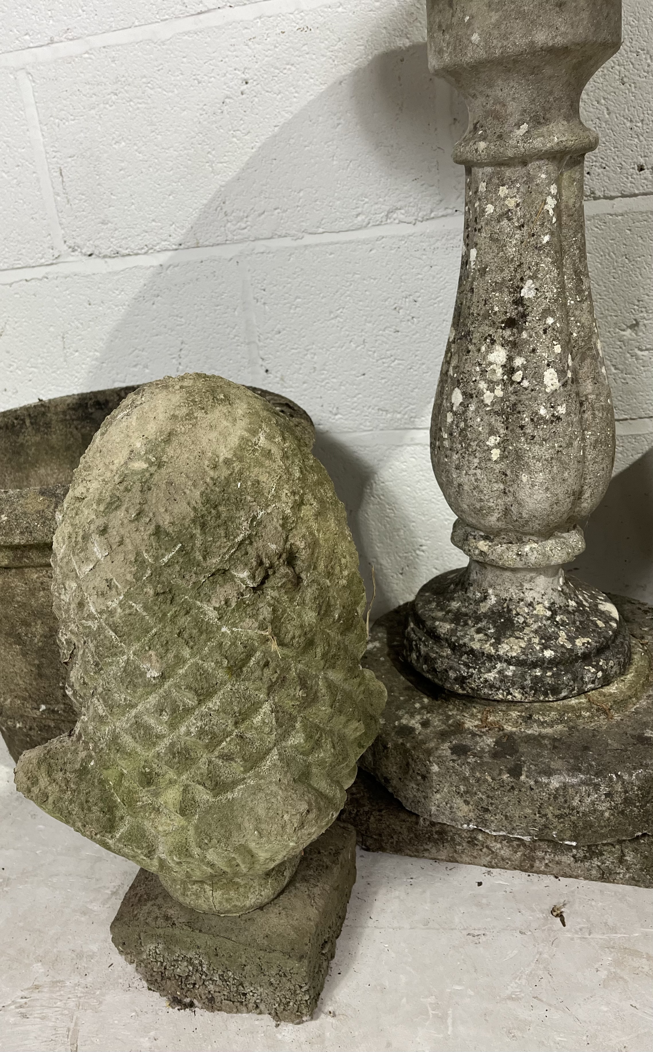 A reconstituted stone birdbath in three parts, a pine cone finial (a/f) along with two reconstituted - Image 3 of 6