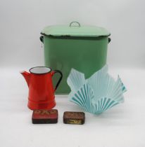 A green enamel bread bin, along with a red enamel jug, two vintage Oxo tins and a glass handkerchief