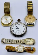 A hallmarked silver pocket watch (A/F) along with various wristwatches including Regency, Smiths