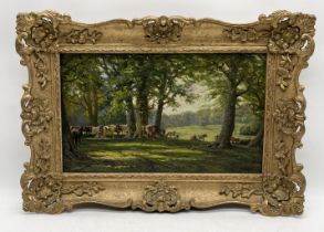 Frederick Golden Short (1863-1936) oil on board showing a rural scene with cattle beneath trees,