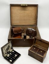 A collection of items including vintage cameras, tea caddy, wooden boxes etc.