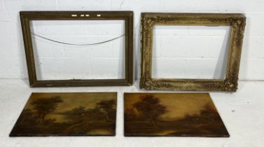 Two unframed antique oil paintings showing rural scenes along with two large gilt frames (A/F)