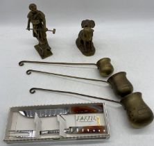 A collection of brassware etc, including drinks measures, agate handled carving set etc.