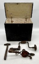 A vintage wooden box with a small selection of hand tools 40cm x 22cm, height 30cm