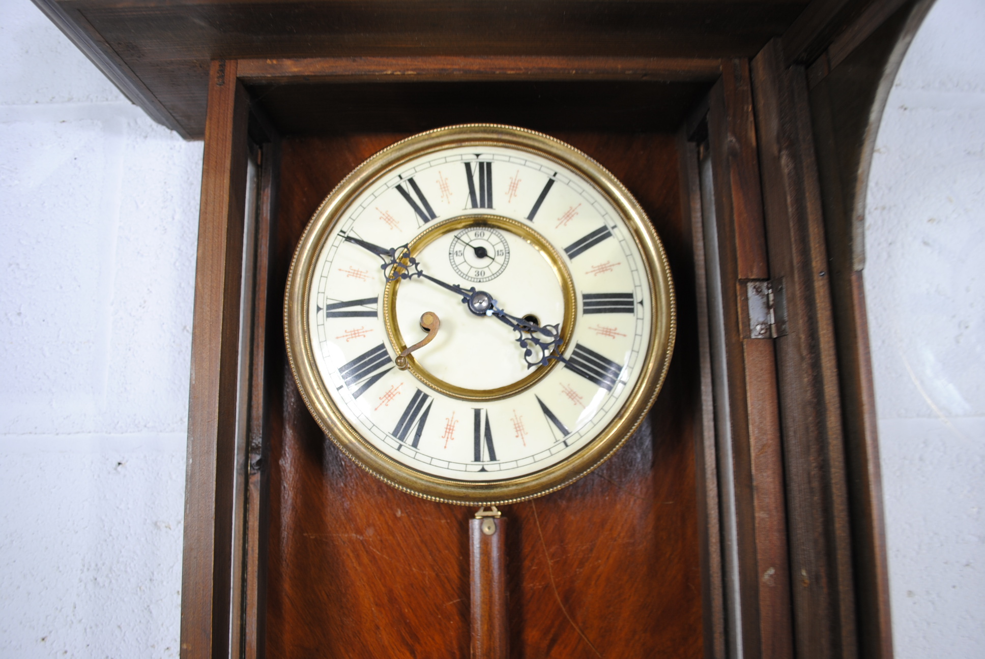 A mahogany cased eight day Vienna regulator wall hanging clock, with carved decoration and turned - Image 7 of 8