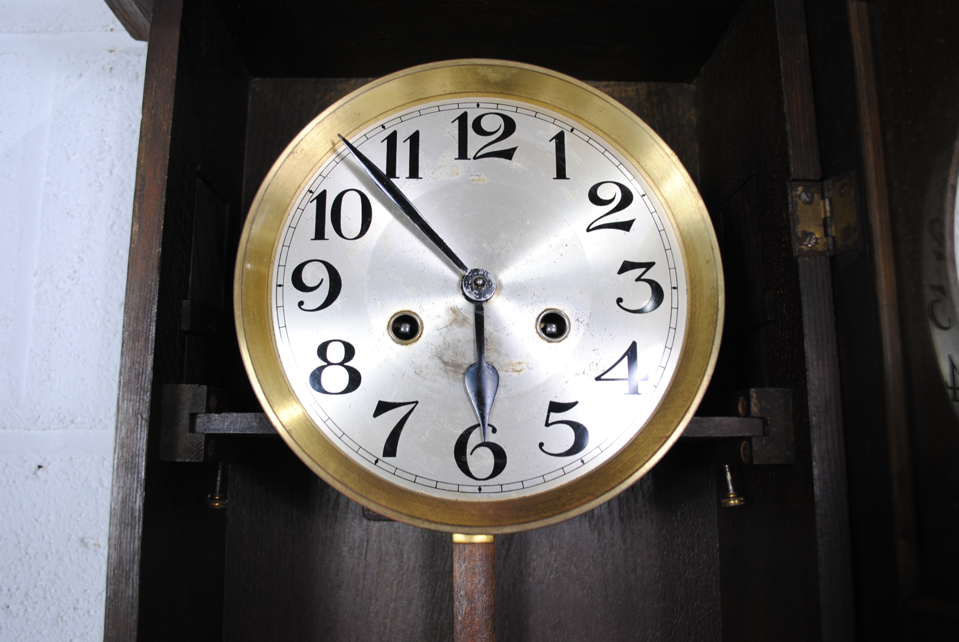 An Edwardian oak cased wall clock, with key - Image 5 of 6