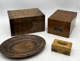 A collection of boxes etc. including a small Mauchline ware box with images of Seaford, Marquetry