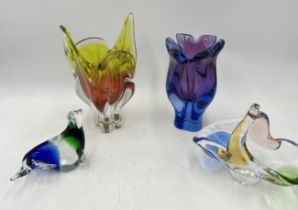 A small collection of art glass including two Chribska vases