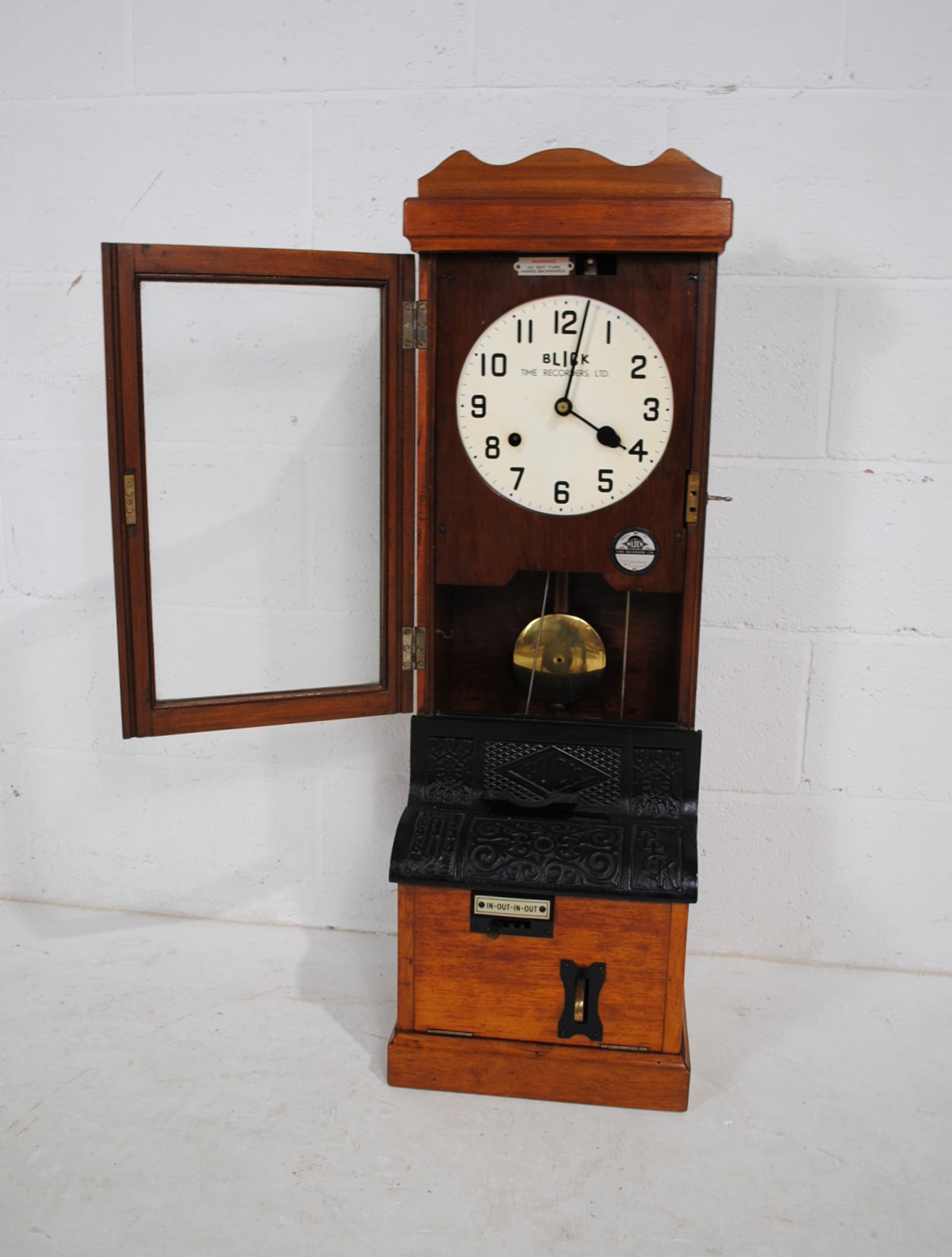 A Blick Time Recorder oak cased clocking in machine, with key and pendulum - length 34cm, depth - Image 8 of 15