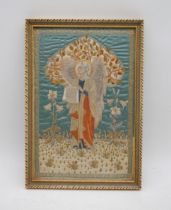 A framed religious silk embroidery, depicting an angel, signed on reverse 'by Marjorie Barlow