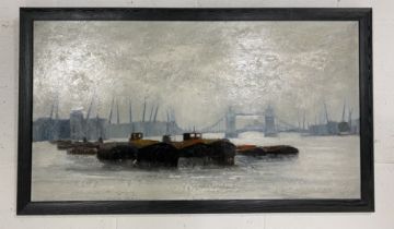 A large oil on board of barges on the Thames by Gerald Parkinson (British 1926-) dated 1962, 54.