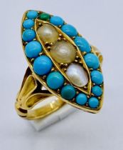 A Victorian unmarked 15ct gold (tested) ring set with turquoise and seed pearls, size J