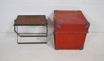 A folding wooden tea tray, along with a vintage red box