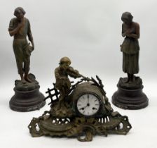 A gilt metal mantle clock with dial and movement by Jean Le Gallais along with a pair of spelter