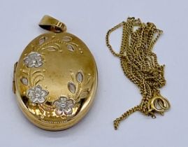 A 9ct gold fine chain along with a 9ct locket, both A/F, total weight 2.3g