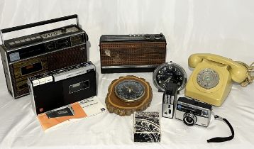 A collection of vintage radios, telephones, camera etc. including Hitachi, Panasonic etc.