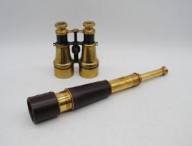 A pair of French brass binoculars with various marks, along with a brass telescope marked 'Ross,
