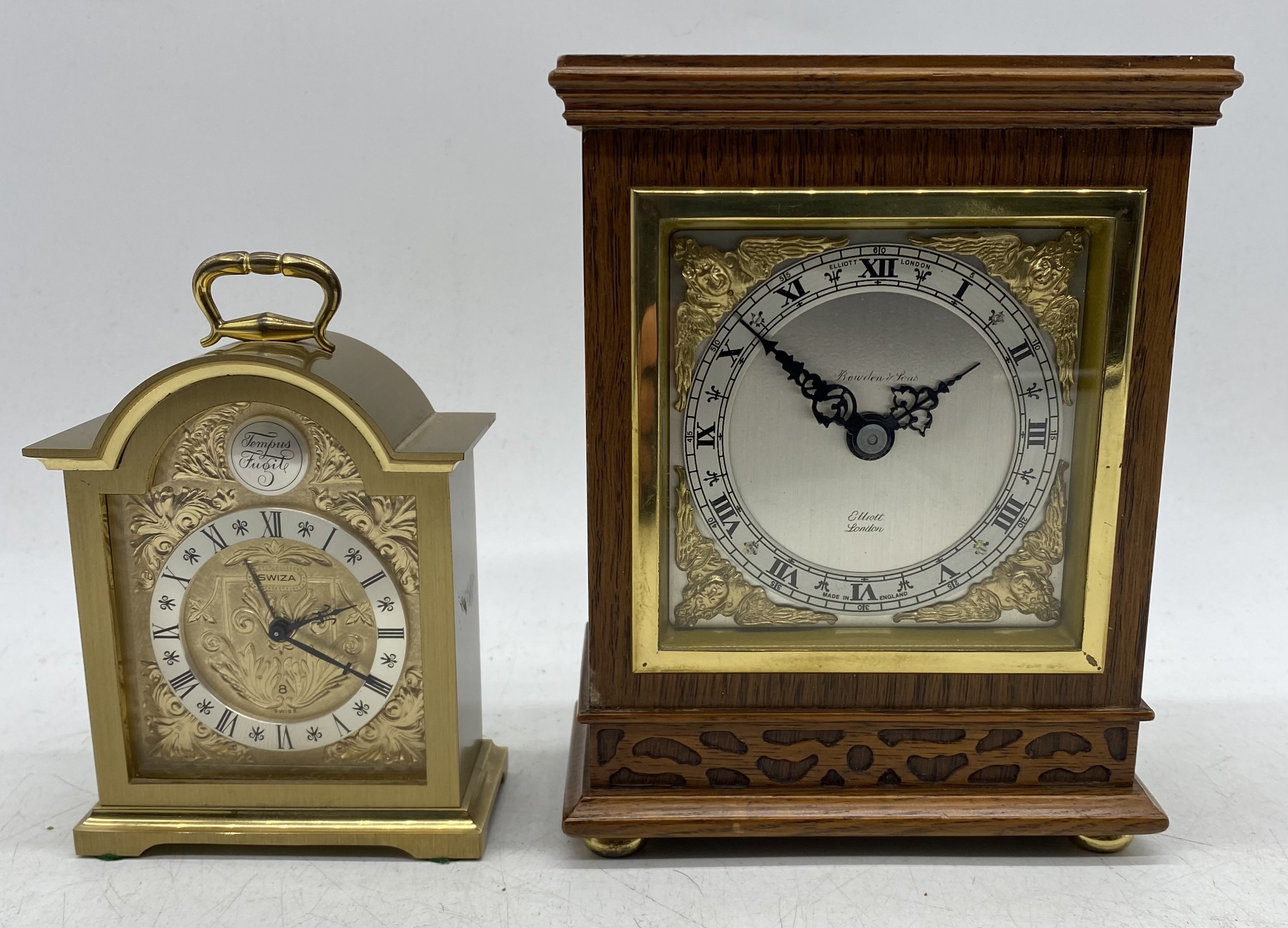 An Elliott of London small bracket clock in oak case along with a brass Swiza alarm clock