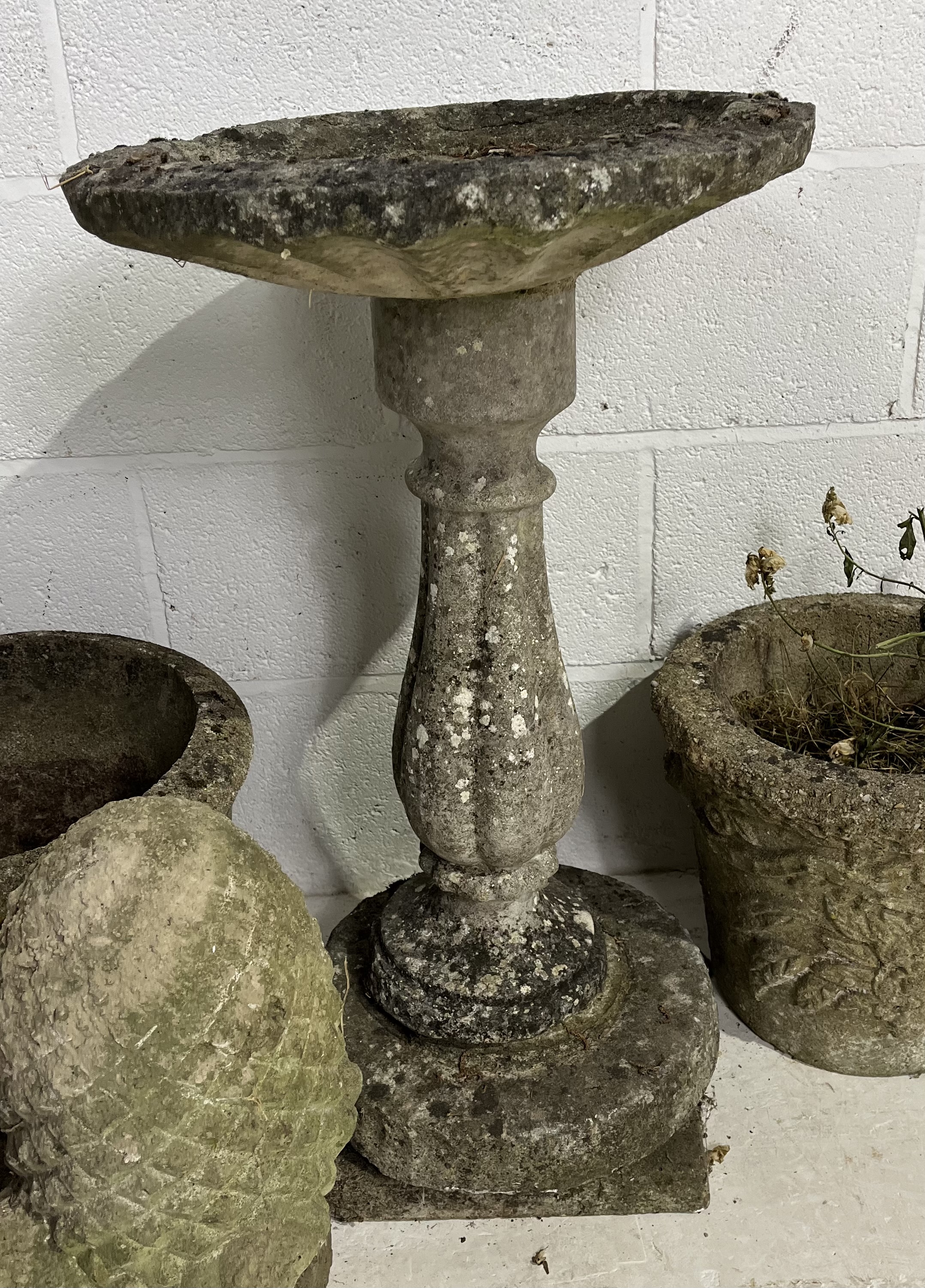 A reconstituted stone birdbath in three parts, a pine cone finial (a/f) along with two reconstituted - Image 5 of 6