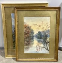 Two gilt framed watercolour paintings one Lakeland scene signed "The Derwent - AGH" (?) the other is