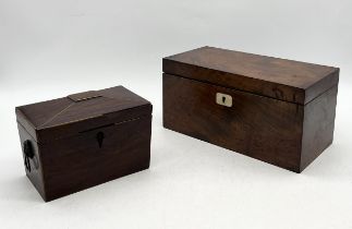 A Georgian tea caddy with inlaid detail of a stag along with another smaller example (both A/F)