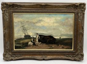 A 19th century unsigned oil on board showing two fishermen or shrimpers on the shore - 28cm x 45cm
