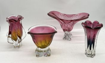 A collection of four Chribska art glass vases including a large flared example