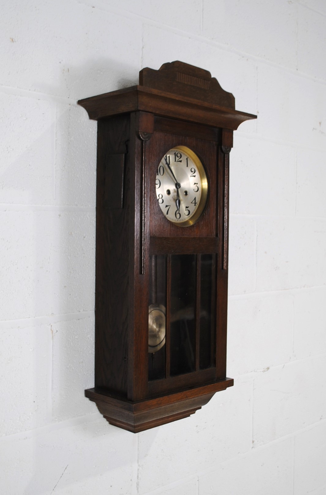 An Edwardian oak cased wall clock, with key - Image 2 of 6