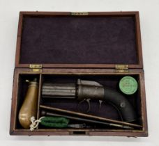 A 19th century pepper box six shot percussion revolver with rotating barrel, engraved side plates