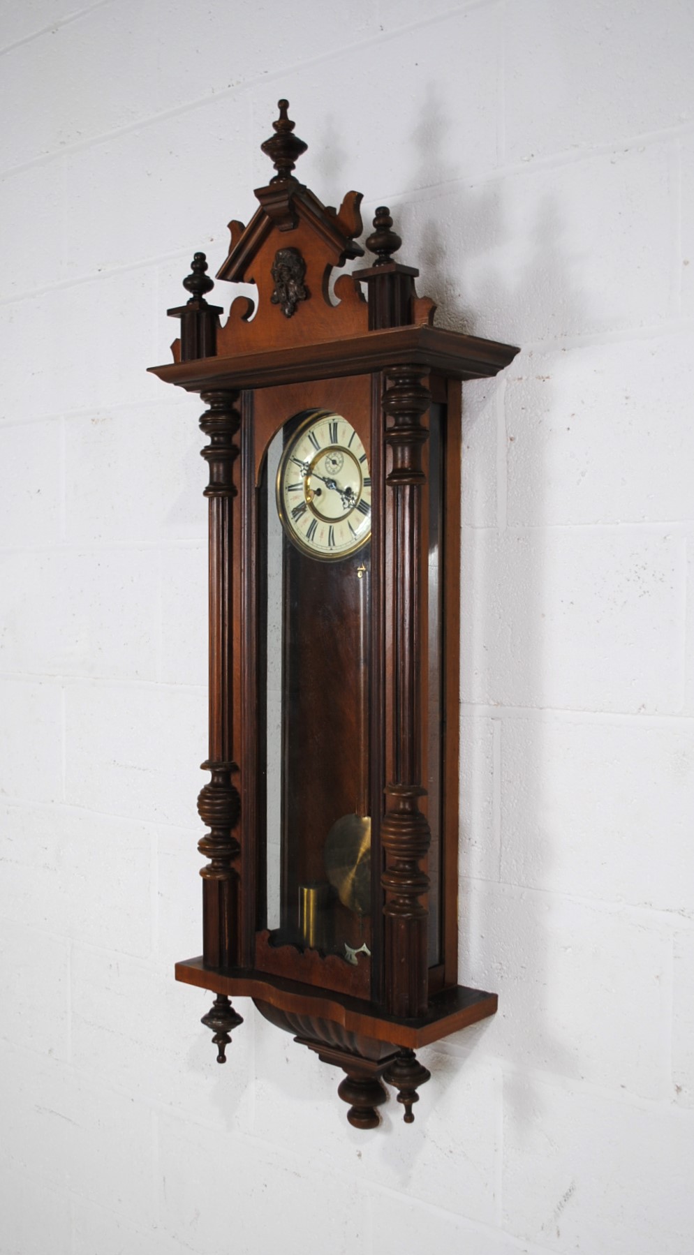 A mahogany cased eight day Vienna regulator wall hanging clock, with carved decoration and turned - Image 3 of 8