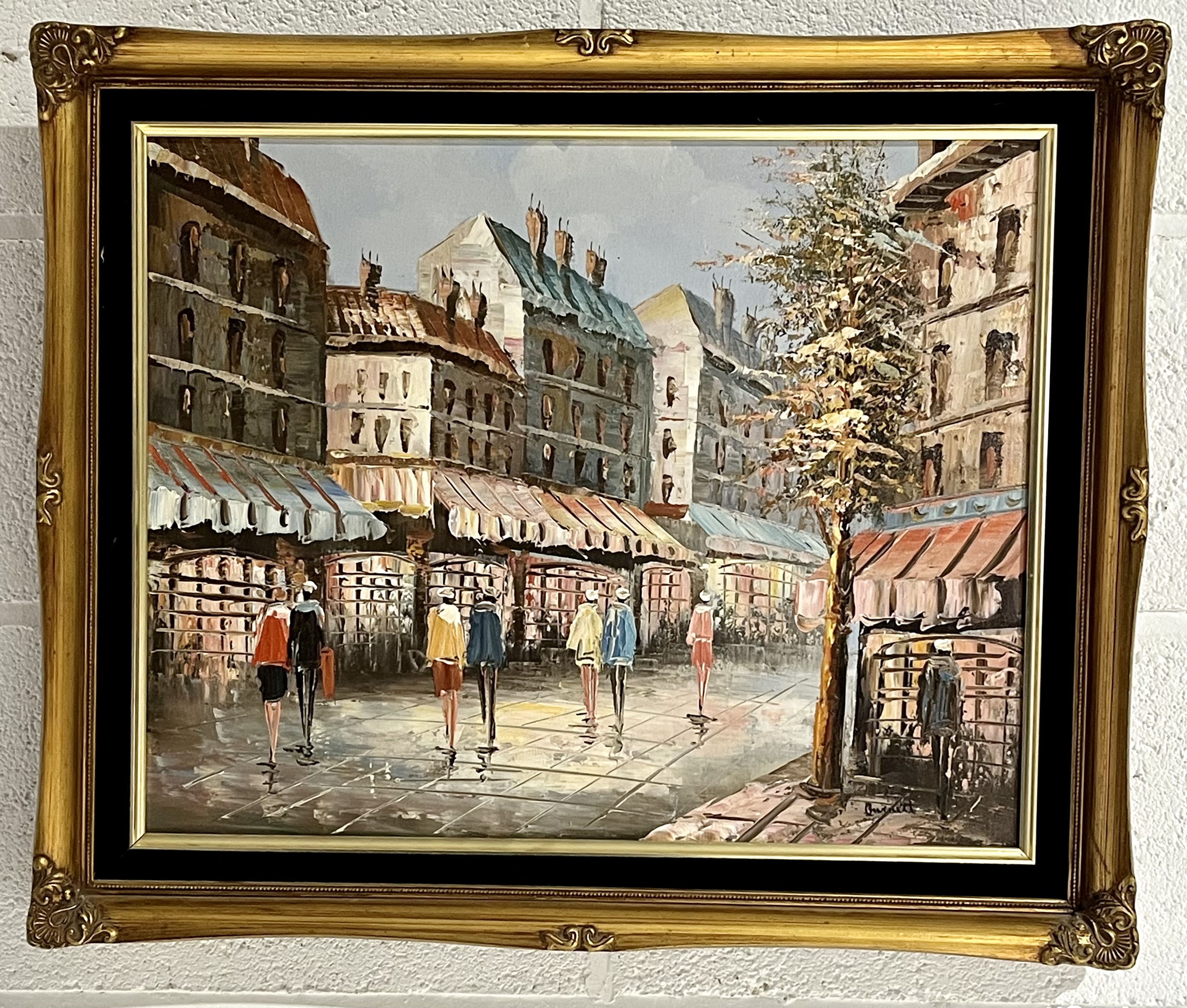 A gilt framed oil on canvas of people strolling along a Parisian street, signed Burnett - Image 2 of 7
