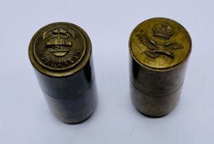 Two WW2 trench art lighters one with RAF button and the other Merchant Navy (P&O)