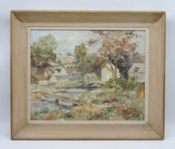 A framed oil on canvas of a Cotswald landscape, signed 'Wm Cartledge, 1962' - 54cm x 64cm