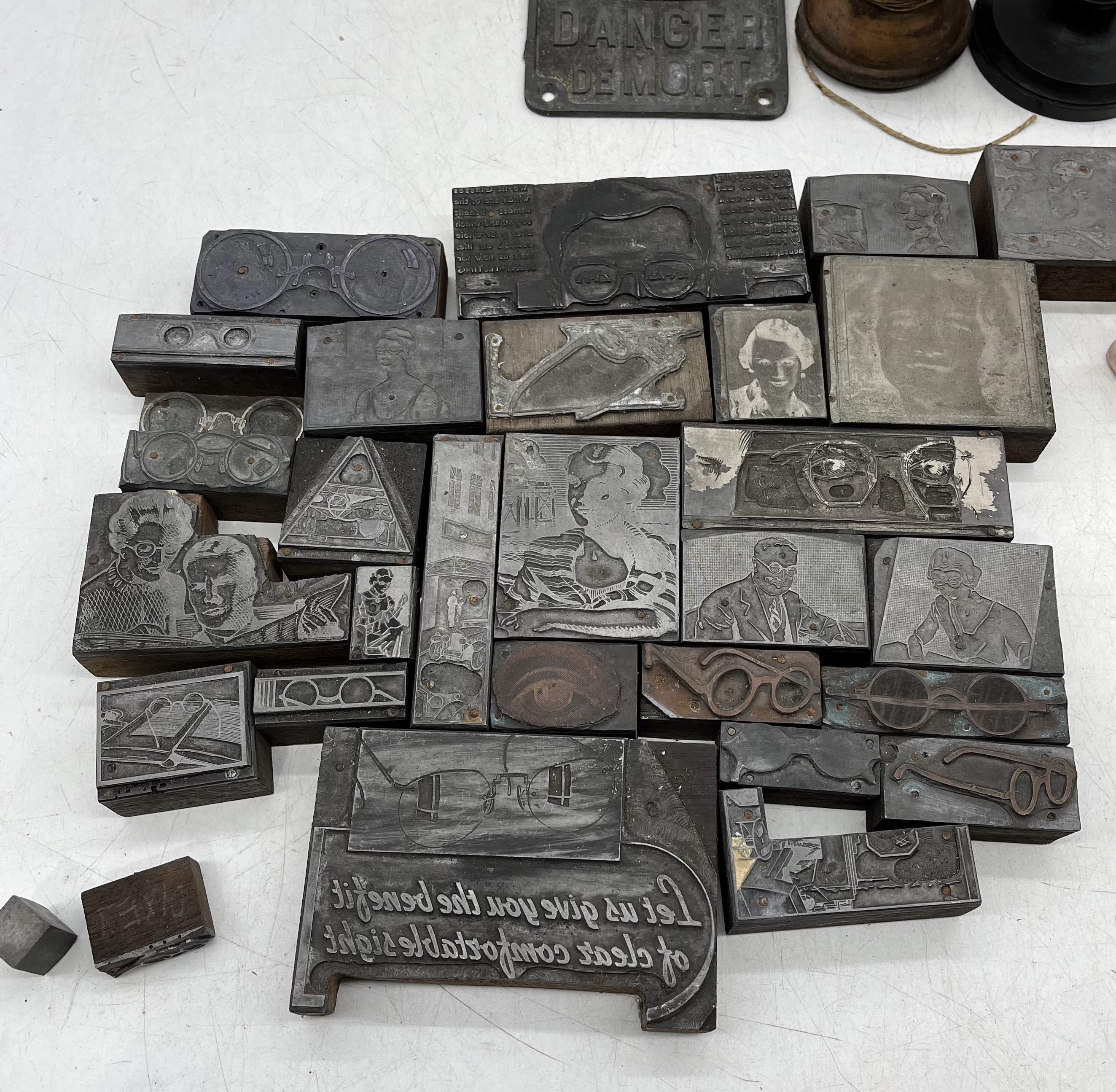 A miscellaneous lot including bobbins, ophthalmic themed woodblock printing blocks, candlesticks etc - Image 6 of 11